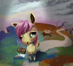 Size: 1421x1301 | Tagged: angel bunny, artist:toisanemoif, basket, derpibooru import, fluttershy, looking away, looking up, one eye closed, path, perspective, picnic basket, safe