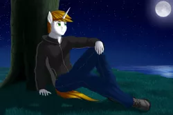 Size: 1280x853 | Tagged: against tree, anthro, artist:pabloracer, clothes, derpibooru import, handsome, male, moonlight, oc, pants, plantigrade anthro, safe, scenery, shoes, sitting, solo, stars, under the tree, unofficial characters only