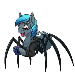 Size: 1200x1200 | Tagged: artist:couchcrusader, chest fluff, clothes, coffee, derpibooru import, glasses, hoodie, monster pony, oc, oc:silfoe, original species, safe, simple background, solo, species swap, spiderpony, transparent background, unofficial characters only