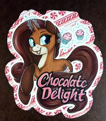 Size: 1055x1200 | Tagged: safe, artist:onnanoko, derpibooru import, oc, oc:chocolate delight, unofficial characters only, pony, unicorn, chocolate, cupcake, food, smiling, solo, traditional art