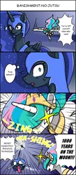 Size: 650x1485 | Tagged: safe, artist:acesrockz, derpibooru import, nightmare moon, princess celestia, alicorn, pony, armor, banished, comic, dialogue, female, hatake kakashi, kakashi would be proud, leaf village secret finger jutsu: 1000 years of death, mare, naruto, speech bubble, speed lines, to the moon