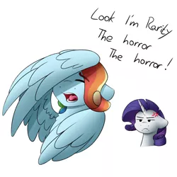 Size: 2000x2000 | Tagged: safe, artist:spirit-dude, derpibooru import, rainbow dash, rarity, pegasus, pony, unicorn, alternate hairstyle, chest fluff, cross-popping veins, drama queen, duo, ear fluff, eyes closed, floppy ears, frown, impersonating, impressions, lidded eyes, mocking, open mouth, rainbow fash, rarity is not amused, simple background, spread wings, the horror, unamused, white background