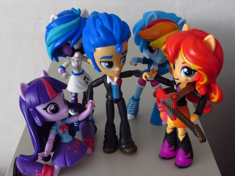 Size: 1200x900 | Tagged: safe, artist:whatthehell!?, derpibooru import, flash sentry, rainbow dash, sunset shimmer, twilight sparkle, vinyl scratch, equestria girls, boots, bowtie, clothes, doll, dress, electric guitar, equestria girls minis, eqventures of the minis, fall formal outfits, female, flashimmer, flashlight, guitar, high heel boots, irl, male, photo, shipping, skirt, straight, suit, toy, tuxedo