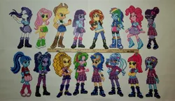 Size: 5147x2987 | Tagged: safe, artist:jrfromdallas, derpibooru import, adagio dazzle, applejack, aria blaze, fluttershy, indigo zap, lemon zest, pinkie pie, rainbow dash, rarity, sci-twi, sonata dusk, sour sweet, spike, sugarcoat, sunny flare, sunset shimmer, twilight sparkle, equestria girls, friendship games, rainbow rocks, absurd resolution, balloon, bead sprite, boots, bracelet, clothes, cowboy boots, crystal prep academy uniform, crystal prep shadowbolts, glasses, goggles, headphones, high heel boots, irl, jacket, jewelry, leather jacket, looking at you, mane seven, mane six, perler, perler beads, photo, pixel art, rule, ruler, school uniform, shadow five, shadow six, shoes, skirt, socks, the dazzlings