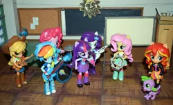 Size: 5994x3618 | Tagged: safe, artist:pmbsakura37, derpibooru import, applejack, fluttershy, pinkie pie, rainbow dash, rarity, spike, sunset shimmer, twilight sparkle, dog, equestria girls, rainbow rocks, absurd resolution, bass guitar, boots, chalkboard, clothes, cowboy boots, cymbals, doll, drum kit, drums, electric guitar, equestria girls minis, eqventures of the minis, globe, guitar, high heel boots, jacket, jewelry, keytar, leather jacket, mane six, melancholy of haruhi suzumiya, microphone, musical instrument, skirt, spike the dog, sun, tambourine, toy