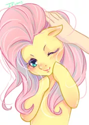 Size: 1131x1600 | Tagged: anthro, artist:izumi_221b, blushing, derpibooru import, fluttershy, hair, human, interaction, mane, offscreen character, one eye closed, pixiv, pov, safe, solo, stroking, uncanny valley, wink