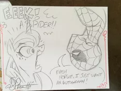 Size: 2048x1536 | Tagged: artist:andypriceart, crossover, derpibooru import, eek, princess luna, safe, spider-man, surprised, traditional art, upside down, wide eyes, yelling