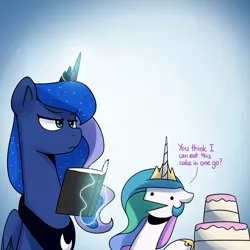 Size: 1200x1200 | Tagged: safe, artist:anticular, derpibooru import, princess celestia, princess luna, alicorn, pony, ask sunshine and moonbeams, :v, book, cake, cakelestia, comic, dialogue, dot eyes, duo, duo female, face, faic, female, food, frown, luna is not amused, magic, mare, open mouth, peytral, telekinesis, unamused