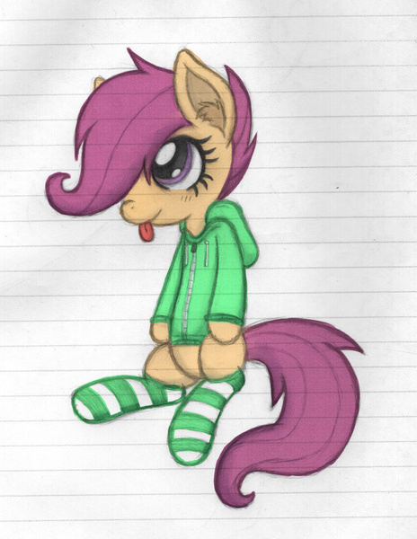 Size: 1372x1774 | Tagged: safe, artist:fallenpeach, derpibooru import, scootaloo, clothes, hoodie, lined paper, socks, solo, striped socks, tongue out, traditional art