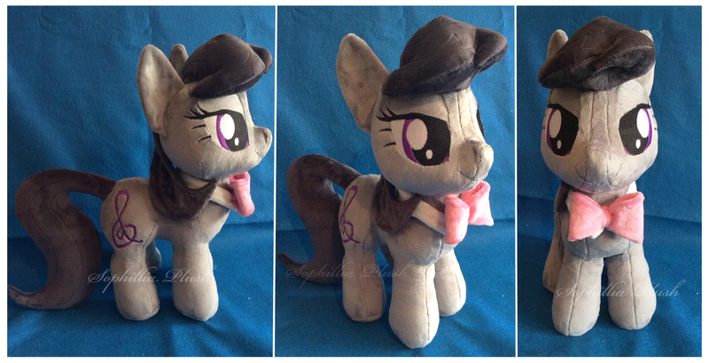 Size: 1767x905 | Tagged: artist:sophillia, bowtie, derpibooru import, irl, octavia melody, photo, plushie, safe, solo, watermark