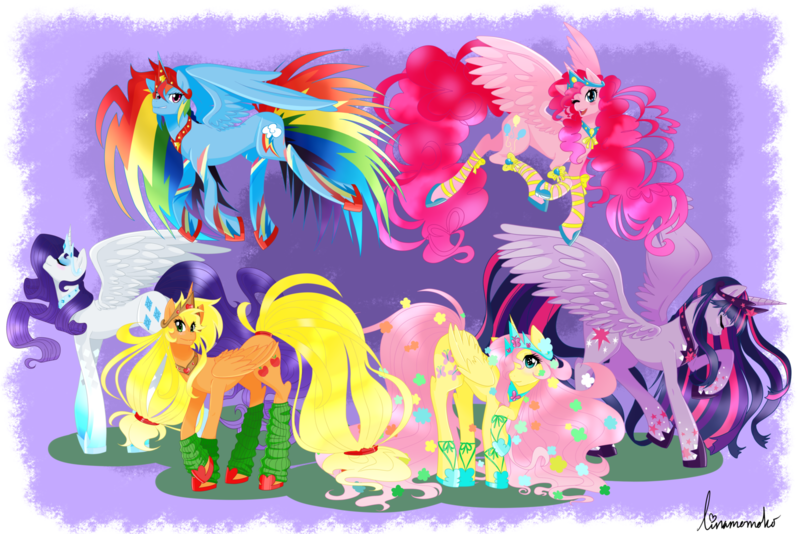 Size: 1600x1067 | Tagged: safe, artist:linamomoko, derpibooru import, applejack, fluttershy, pinkie pie, rainbow dash, rarity, twilight sparkle, twilight sparkle (alicorn), alicorn, pony, alicornified, applecorn, everyone is an alicorn, fluttercorn, good end, happy ending, leg warmers, mane six, mane six alicorns, pinkiecorn, race swap, rainbowcorn, raricorn, simple background, transparent background, xk-class end-of-the-world scenario