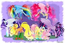 Size: 1600x1067 | Tagged: safe, artist:linamomoko, derpibooru import, applejack, fluttershy, pinkie pie, rainbow dash, rarity, twilight sparkle, twilight sparkle (alicorn), alicorn, pony, alicornified, applecorn, everyone is an alicorn, fluttercorn, good end, happy ending, leg warmers, mane six, mane six alicorns, pinkiecorn, race swap, rainbowcorn, raricorn, simple background, transparent background, xk-class end-of-the-world scenario