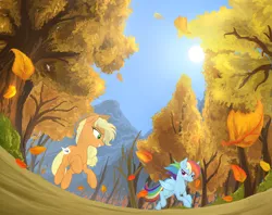 Size: 1500x1187 | Tagged: safe, artist:jaeneth, derpibooru import, applejack, rainbow dash, earth pony, pegasus, pony, fall weather friends, autumn, duo, female, forest, grin, leaves, mare, mountain, number, running, running of the leaves, scene interpretation, smiling, tree