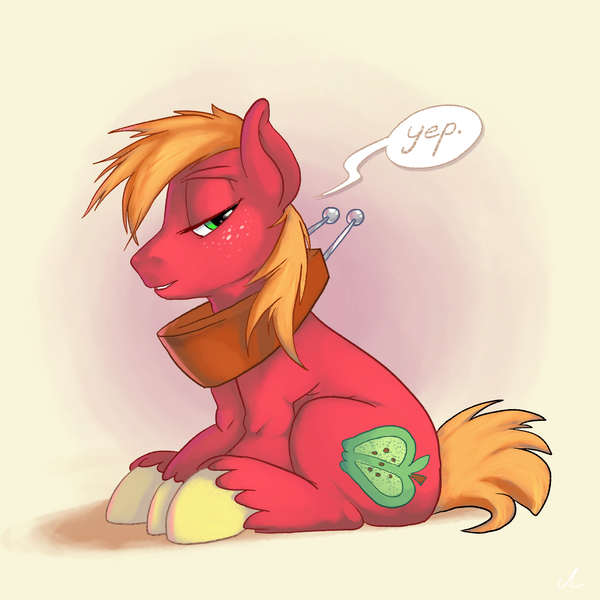 Size: 4800x4800 | Tagged: safe, artist:docwario, derpibooru import, big macintosh, earth pony, pony, absurd resolution, bedroom eyes, femboy, looking at you, male, open mouth, sexy, sitting, solo, stallion, stupid sexy big macintosh, yes