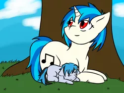 Size: 1600x1200 | Tagged: safe, artist:jolliapplegirl, derpibooru import, vinyl scratch, oc, oc:serenade, pony, unicorn, family, foal, mother and son, next generation, offspring, parent:neon lights, parent:vinyl scratch, parents:vinylights, red eyes, tree, wrong eye color