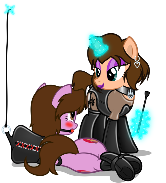 Size: 2726x3000 | Tagged: suggestive, artist:applec1234, deleted from derpibooru, derpibooru import, oc, oc:chloe adore, oc:love beat, unofficial characters only, pony, unicorn, armbinder, ballgag, bedroom eyes, blushing, bondage, boots, bound, clothes, collar, cutie mark, ear piercing, earring, eyeshadow, female, females only, gag, gloves, heart, jewelry, latex, latex boots, latex gloves, latex socks, latex suit, leotard, lesbian, lingerie, lipstick, looking at each other, magic, makeup, piercing, plot, ring, rope, simple background, socks, straps, thigh highs, transparent background, underhoof, whip