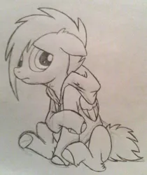 Size: 606x722 | Tagged: safe, artist:changelingtrash, artist:princessamity, derpibooru import, oc, unofficial characters only, pegasus, pony, alternate hairstyle, clothes, hoodie, looking at you, male, monochrome, sitting, sketch, solo, traditional art