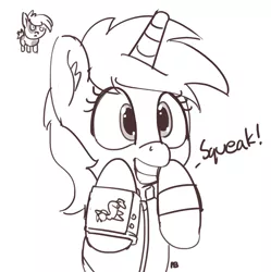 Size: 1280x1286 | Tagged: safe, artist:pabbley, derpibooru import, pipsqueak, oc, oc:littlepip, pony, unicorn, fallout equestria, fanfic, black and white, clothes, colt, dialogue, fanfic art, female, foal, grayscale, grin, horn, male, mare, monochrome, pipbuck, pun, simple background, smiling, vault suit, white background