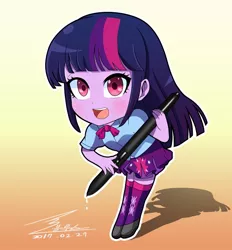 Size: 1000x1076 | Tagged: safe, artist:bluse, derpibooru import, twilight sparkle, twilight sparkle (alicorn), alicorn, equestria girls, boots, chibi, clothes, colored pupils, cute, female, high heel boots, looking at you, open mouth, signature, skirt, smiling, solo, twiabetes