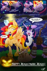 Size: 1024x1559 | Tagged: suggestive, artist:shard-of-life, derpibooru import, sunset shimmer, twilight sparkle, twilight sparkle (alicorn), alicorn, pony, ahegao, candy, clothes, comic, costume, fake wings, female, food, jack-o-lantern, lesbian, nightmare night, nightmare night costume, open mouth, preening, pumpkin, shipping, sunsetsparkle, tongue out