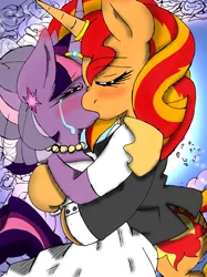 Size: 2437x3256 | Tagged: safe, artist:shard-of-life, derpibooru import, sunset shimmer, twilight sparkle, twilight sparkle (alicorn), alicorn, pony, bipedal, blushing, clothes, crying, dress, female, horn ring, jewelry, kissing, lesbian, marriage, necklace, ring, shipping, suit, sunsetsparkle, tears of joy, tuxedo, wedding, wedding dress, wedding ring