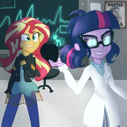 Size: 1024x1024 | Tagged: safe, artist:wubcakeva, derpibooru import, sci-twi, sunset shimmer, twilight sparkle, equestria girls, angry, clothes, demonic possession, duo, evil twilight, glasses, grin, lab coat, looking back, markiplier, midnight sparkle, pants, possessed, smiling, wanted poster