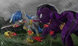 Size: 1024x614 | Tagged: armor, artist:supermare, blood, commission, derpibooru import, fight, helmet, mouth hold, oc, rain, semi-grimdark, signature, stormcloud, sword fight, underhoof, unofficial characters only, wet mane