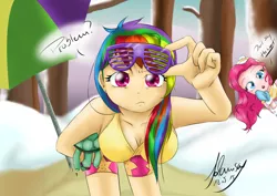 Size: 1024x724 | Tagged: artist:xxxamychanxxx, beach umbrella, breasts, busty rainbow dash, cleavage, clothes, derpibooru import, downblouse, female, hanging breasts, human, humanized, looking at you, pinkie pie, rainbow dash, shutter shades, signature, suggestive, swimsuit, tank, tanks for the memories, winter swimsuit