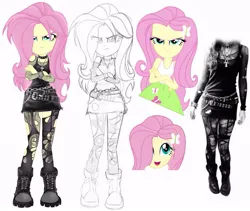 Size: 705x596 | Tagged: safe, artist:tokatl, derpibooru import, edit, edited screencap, screencap, fluttershy, equestria girls, alternate costumes, alternate hairstyle, goth, heavy metal, lineart, metal, metalshy, repaint, simple background, solo, white background