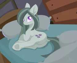 Size: 1802x1460 | Tagged: safe, artist:dusthiel, derpibooru import, marble pie, earth pony, pony, bed, butt, colored pupils, dock, featureless crotch, frog (hoof), looking at you, looking back, looking back at you, marblebutt, pillow, plot, prone, smiling, smiling at you, solo, underhoof