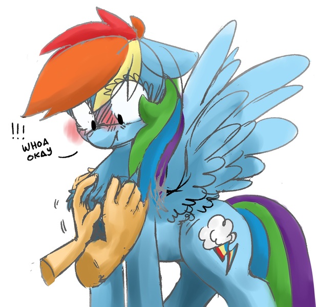 Size: 1490x1448 | Tagged: suggestive, artist:mr.candy_owo, artist:xieril, color edit, derpibooru import, edit, rainbow dash, oc, oc:anon, human, pegasus, pony, bad touch, blushing, chest fluff, colored, cute, dashabetes, dialogue, disembodied hand, exclamation point, female, female focus, floppy ears, fluffy, grope, hand, human on pony petting, interspecies, looking down, mare, molestation, offscreen character, petting, rubbing, ruffled feathers, scrunchy face, simple background, solo focus, spread wings, surprised, white background, wingboner