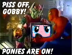 Size: 468x359 | Tagged: brony, derpibooru import, edit, green goblin, image macro, meme, pinkie pie, safe, spider-man, time for ponies, vulgar