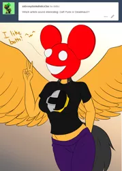 Size: 2800x3900 | Tagged: anthro, anthro oc, artist:askquickbullet, clothes, daft punk, deadmau5, derpibooru import, dialogue, female, mare, oc, oc:quick bullet, pants, peace sign, pegasus, safe, shirt, simple background, solo, spread wings, tumblr, unofficial characters only