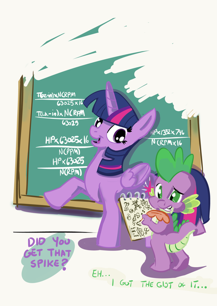 Size: 1024x1447 | Tagged: questionable, artist:lytlethelemur, derpibooru import, spike, twilight sparkle, twilight sparkle (alicorn), alicorn, dragon, pony, breasts, chalkboard, female, formula, math, notepad