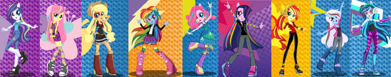 Size: 1024x204 | Tagged: safe, artist:awesome-derpy, derpibooru import, applejack, fluttershy, pinkie pie, rainbow dash, rarity, sunset shimmer, trixie, twilight sparkle, vinyl scratch, equestria girls, balloon, boots, bracelet, clothes, cowboy boots, fall formal outfits, headphones, high heel boots, high heels, jewelry, mane six, mary janes, music notes, shoes, sneakers, sun, tights