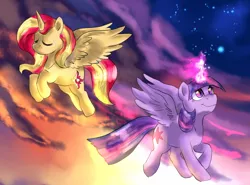 Size: 1452x1074 | Tagged: safe, artist:not-ordinary-pony, derpibooru import, sunset shimmer, twilight sparkle, twilight sparkle (alicorn), alicorn, pony, alicornified, cloud, duo, duo female, eyes closed, female, flying, glowing horn, magic, night, race swap, shimmercorn, smiling, stars