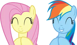 Size: 14727x8608 | Tagged: safe, artist:cyanlightning, derpibooru import, fluttershy, rainbow dash, pegasus, pony, gauntlet of fire, .svg available, absurd resolution, c:, clapping, clapping ponies, cute, dashabetes, duo, eyes closed, female, grin, mare, shyabetes, simple background, smiling, transparent background, vector