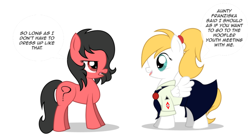 Size: 1280x720 | Tagged: safe, artist:anonymousdrawfig, derpibooru import, oc, oc:anonfilly, oc:luftkrieg, unofficial characters only, earth pony, pegasus, pony, 8chan, aryan, aryan pony, ascot, blonde, clothes, cute, cutie mark, dialogue, female, filly, hairband, hitler youth, luftkriebetes, nazipone, ponytail, question mark, simple background, skirt, skirt lift, smiling, speech bubble, text, transparent background, unamused, uniform