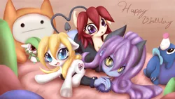 Size: 3840x2160 | Tagged: safe, artist:an-m, derpibooru import, oc, oc:aryanne, oc:leonie, unofficial characters only, cat, demon, earth pony, gardevoir, pony, popplio, succubus, aryan, aryan pony, battleblock theater, bed, birthday, blonde, clothes, colored pupils, cute, doll, female, floppy ears, game, gift art, heart, looking at you, mare, nazi, nazipone, open mouth, plushie, pokémon, pokémon sun, red hair, slumber party, suit, swastika, tail, toy