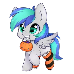 Size: 1000x1000 | Tagged: safe, artist:mrsremi, derpibooru import, oc, oc:storm feather, unofficial characters only, pegasus, pony, clothes, cute, halloween, heart eyes, mouth hold, pumpkin bucket, simple background, smiling, socks, solo, striped socks, transparent background, wingding eyes