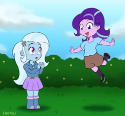 Size: 1071x1000 | Tagged: safe, artist:empyu, derpibooru import, starlight glimmer, trixie, equestria girls, chibi, clapping, clothes, duo, duo female, female, floating, grass, levitation, magic, open mouth, smiling, telekinesis