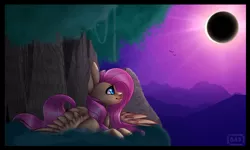 Size: 1000x600 | Tagged: safe, artist:blitsazalisdash, derpibooru import, fluttershy, pony, crepuscular rays, eclipse, forest, moon, prone, solar eclipse, solo, spread wings