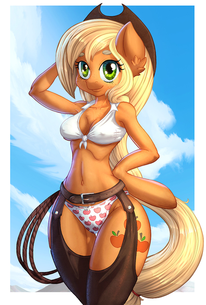 Size: 900x1331 | Tagged: questionable, artist:mailinya, artist:vest, derpibooru import, applejack, anthro, earth pony, unguligrade anthro, apple print underwear, arm hooves, armpits, belly button, bra, breasts, cameltoe, chaps, clothes, cloud, collaboration, cowboy hat, ear fluff, erect nipples, female, hat, looking at you, nipple outline, panties, rope, sky, smiling, solo, solo female, stetson, underwear, white underwear