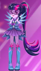 Size: 306x536 | Tagged: safe, artist:unicornsmile, derpibooru import, sci-twi, twilight sparkle, equestria girls, legend of everfree, boots, crystal guardian, crystal wings, female, fishnets, glasses, high heel boots, open mouth, ponied up, ponytail, solo, starsue, super ponied up, visor, wings