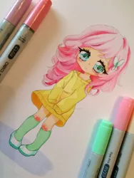 Size: 1024x1365 | Tagged: artist:pinkiepastelcat, butterfly, chibi, clothes, cute, derpibooru import, drawing, female, fluttershy, high heels, human, humanized, looking at you, marker, marker drawing, paper, photo, safe, shoes, shyabetes, smiling, socks, solo, traditional art, watermark