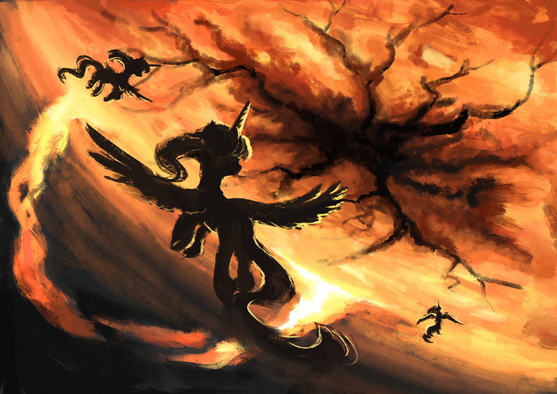 Size: 1754x1240 | Tagged: safe, artist:plainoasis, derpibooru import, princess cadance, princess celestia, princess luna, alicorn, pony, crack, cracked, flying, royal sisters, silhouette, space, spread wings, sun, trio