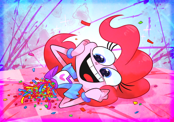 Size: 609x428 | Tagged: semi-grimdark, artist:vdru7, derpibooru import, pinkie pie, equestria girls, bisection, candy gore, confetti, female, grimcute, smiling, solo, starry eyes, wingding eyes