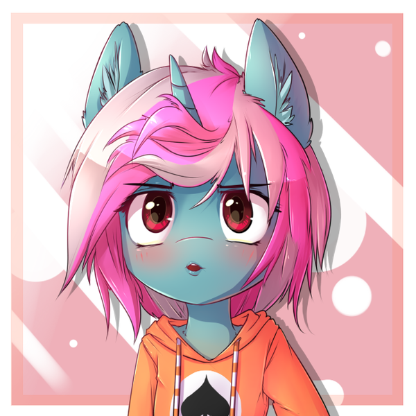 Size: 650x650 | Tagged: safe, artist:apony, derpibooru import, oc, oc:card sadic, unofficial characters only, pony, semi-anthro, abstract background, bust, clothes, collar, ear fluff, hoodie, looking at you, open mouth, solo