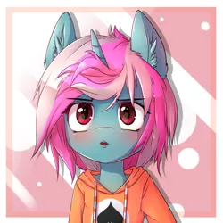 Size: 650x650 | Tagged: safe, artist:apony, derpibooru import, oc, oc:card sadic, unofficial characters only, pony, semi-anthro, abstract background, bust, clothes, collar, ear fluff, hoodie, looking at you, open mouth, solo