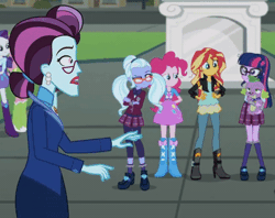 Size: 416x330 | Tagged: safe, derpibooru import, edit, edited screencap, screencap, pinkie pie, principal abacus cinch, rarity, sci-twi, spike, spike the regular dog, sugarcoat, sunset shimmer, twilight sparkle, dog, equestria girls, friendship games, animated, balloon, boots, clothes, crystal prep academy uniform, dancing cinch, ear piercing, earring, gif, glasses, high heel boots, jacket, jewelry, leather jacket, piercing, school uniform, shoes, skirt, socks, statue
